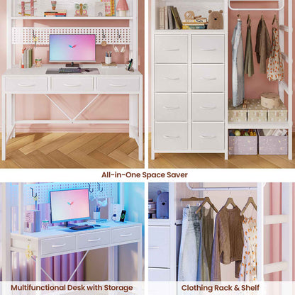 ADORNEVE Loft Bed Twin Size with Desk and Storage Drawers Kids Loft bed with RGB Lights and Charging Station Metal Loft with Shelves Clothing Rack and Safety Guard Paded Ladder