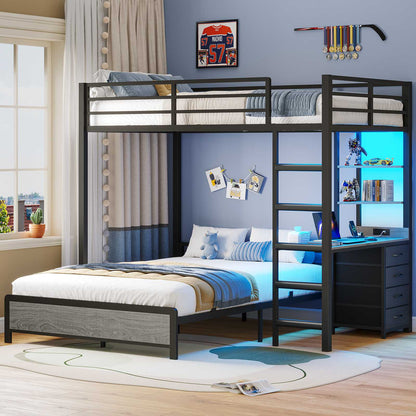 ADORNEVE Twin Over Full Bunk Bed with Desk and Charging Station LED Bunk Beds with Storage Drawers and Shelves Loft Bed with Safety Guardrail Ladder