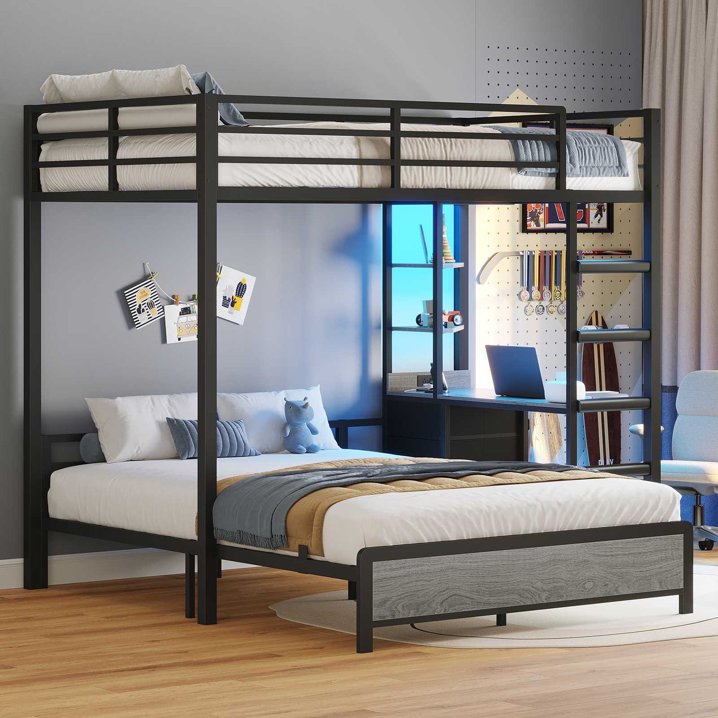 ADORNEVE Twin Over Full Bunk Bed with Desk and Charging Station LED Bunk Beds with Storage Drawers and Shelves Loft Bed with Safety Guardrail Ladder
