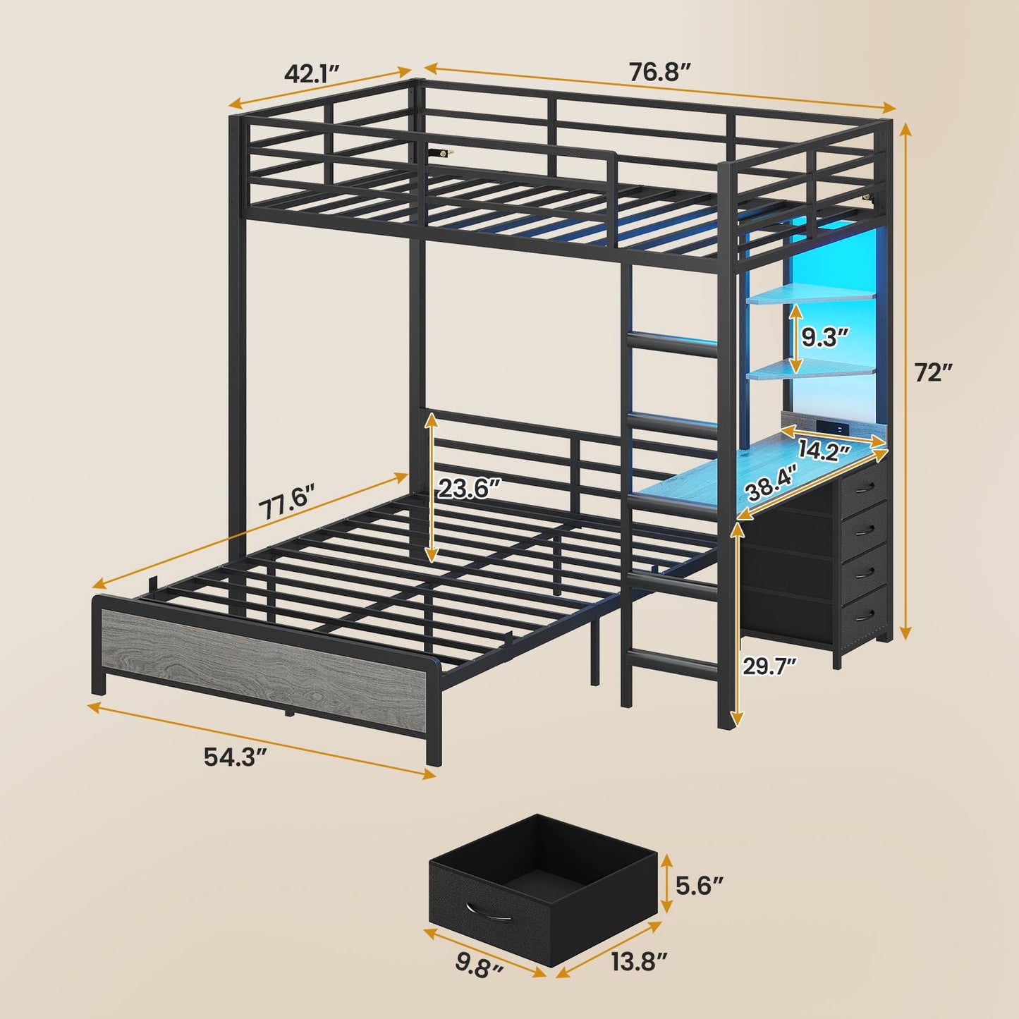 ADORNEVE Twin Over Full Bunk Bed with Desk and Charging Station LED Bunk Beds with Storage Drawers and Shelves Loft Bed with Safety Guardrail Ladder