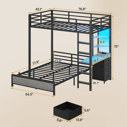 ADORNEVE Twin Over Full Bunk Bed with Desk and Charging Station LED Bunk Beds with Storage Drawers and Shelves Loft Bed with Safety Guardrail Ladder