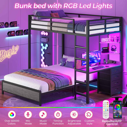 ADORNEVE Twin Over Full Bunk Bed with Desk and Charging Station LED Bunk Beds with Storage Drawers and Shelves Loft Bed with Safety Guardrail Ladder