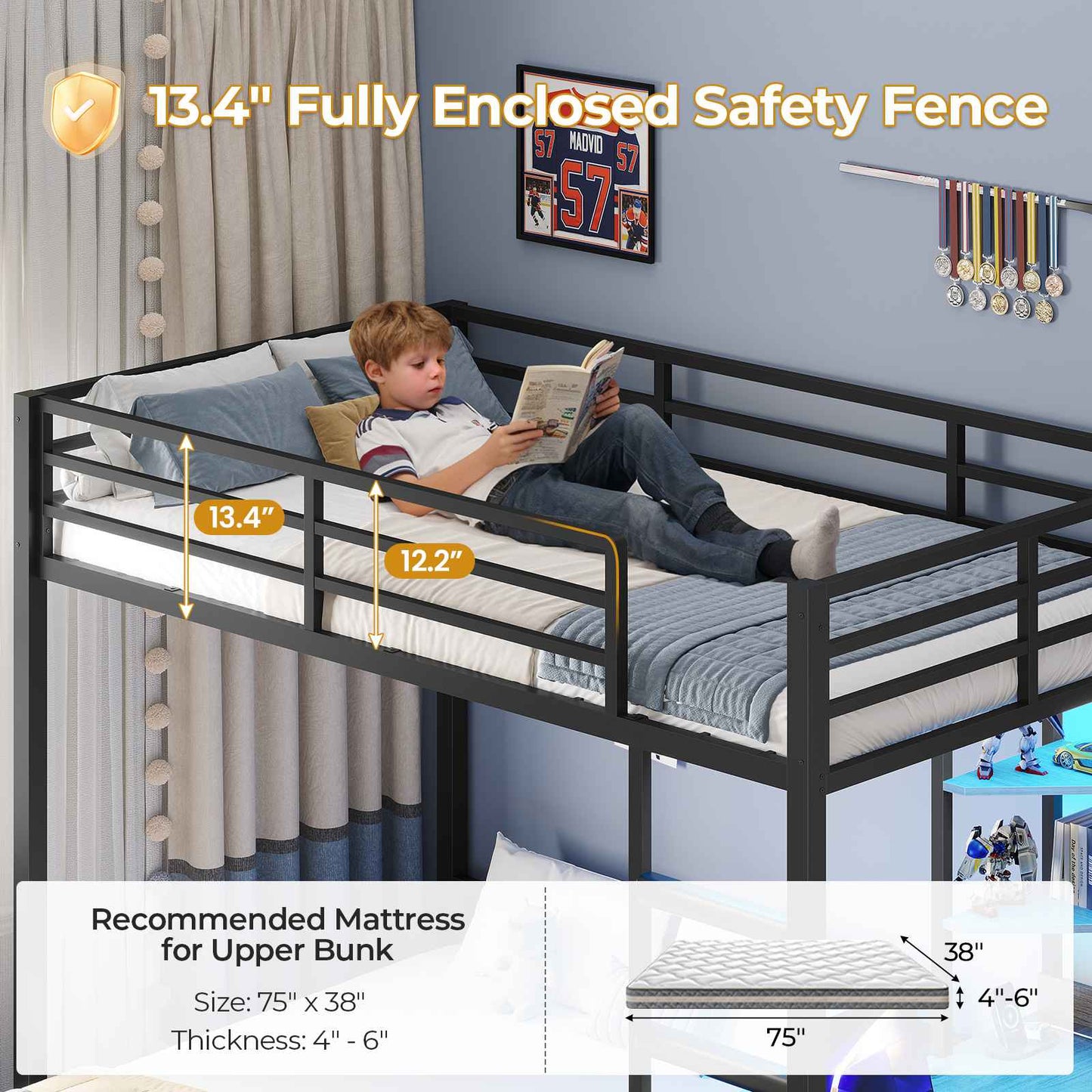 ADORNEVE Twin Over Full Bunk Bed with Desk and Charging Station LED Bunk Beds with Storage Drawers and Shelves Loft Bed with Safety Guardrail Ladder