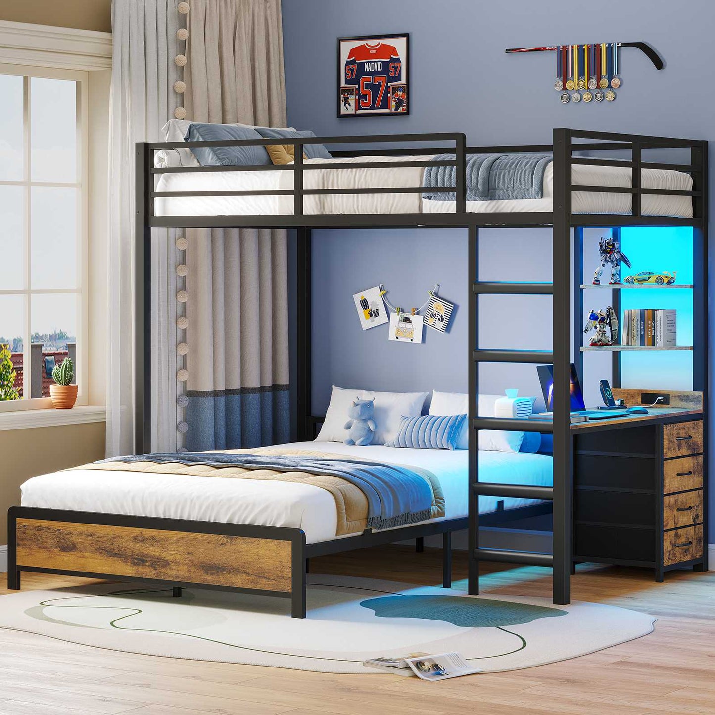 ADORNEVE Twin Over Full Bunk Bed with Desk and Charging Station LED Bunk Beds with Storage Drawers and Shelves Loft Bed with Safety Guardrail Ladder