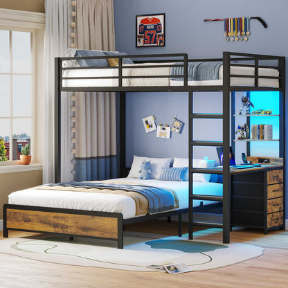 ADORNEVE Twin Over Full Bunk Bed with Desk and Charging Station LED Bunk Beds with Storage Drawers and Shelves Loft Bed with Safety Guardrail Ladder