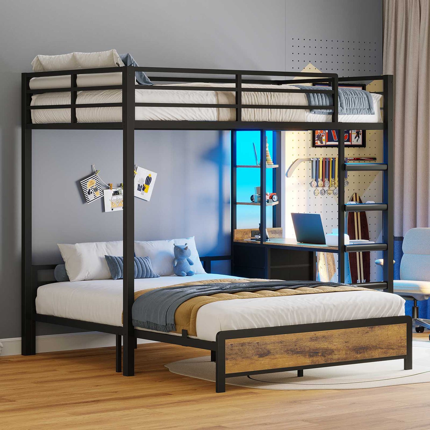 ADORNEVE Twin Over Full Bunk Bed with Desk and Charging Station LED Bunk Beds with Storage Drawers and Shelves Loft Bed with Safety Guardrail Ladder