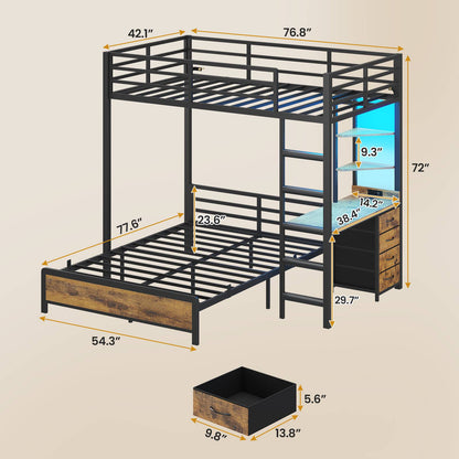 ADORNEVE Twin Over Full Bunk Bed with Desk and Charging Station LED Bunk Beds with Storage Drawers and Shelves Loft Bed with Safety Guardrail Ladder