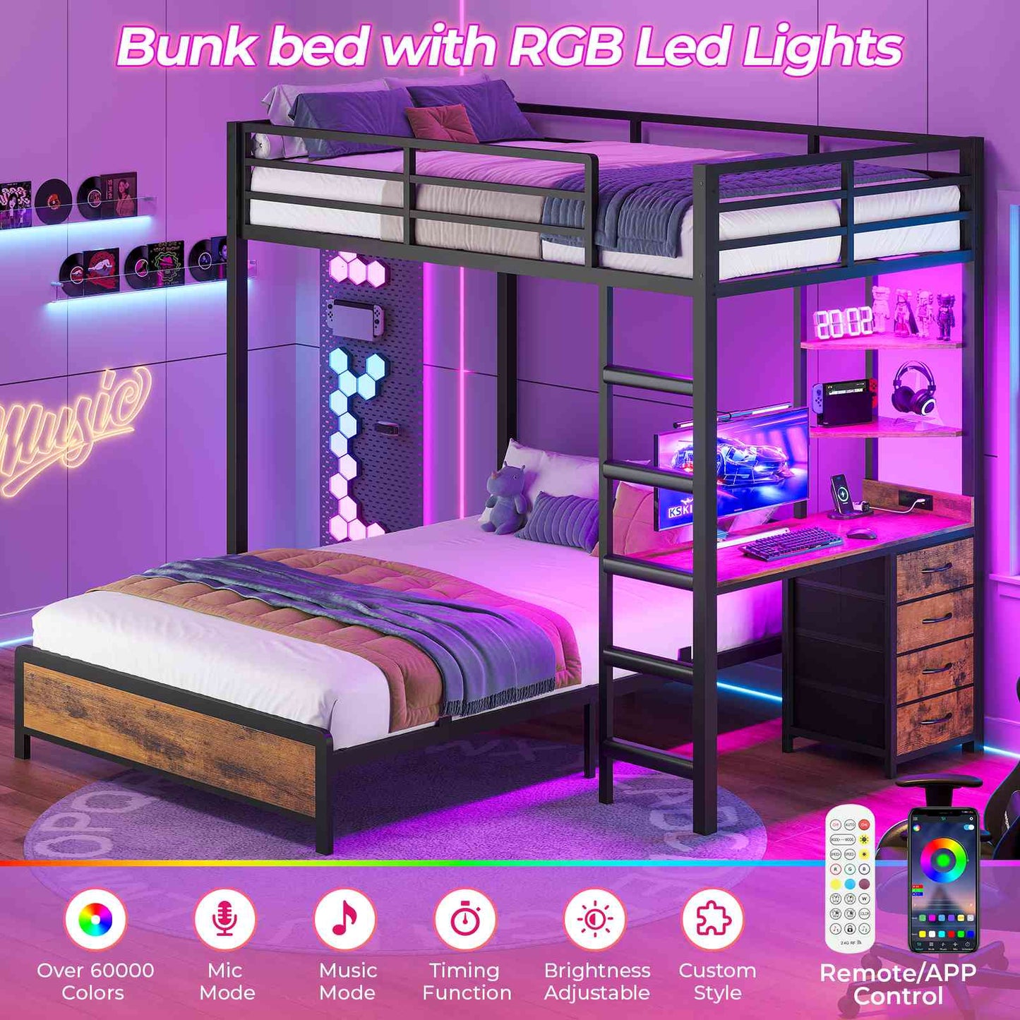 ADORNEVE Twin Over Full Bunk Bed with Desk and Charging Station LED Bunk Beds with Storage Drawers and Shelves Loft Bed with Safety Guardrail Ladder