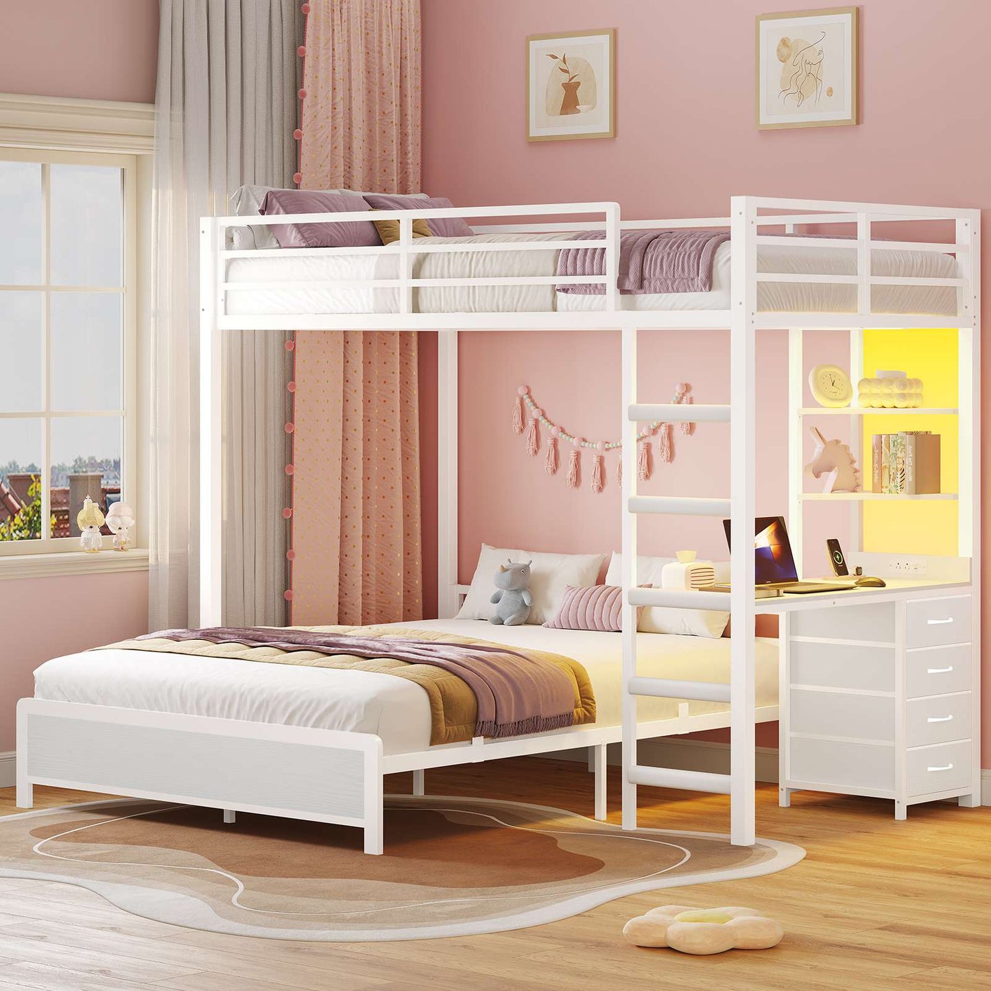 ADORNEVE Twin Over Full Bunk Bed with Desk and Charging Station LED Bunk Beds with Storage Drawers and Shelves Loft Bed with Safety Guardrail Ladder