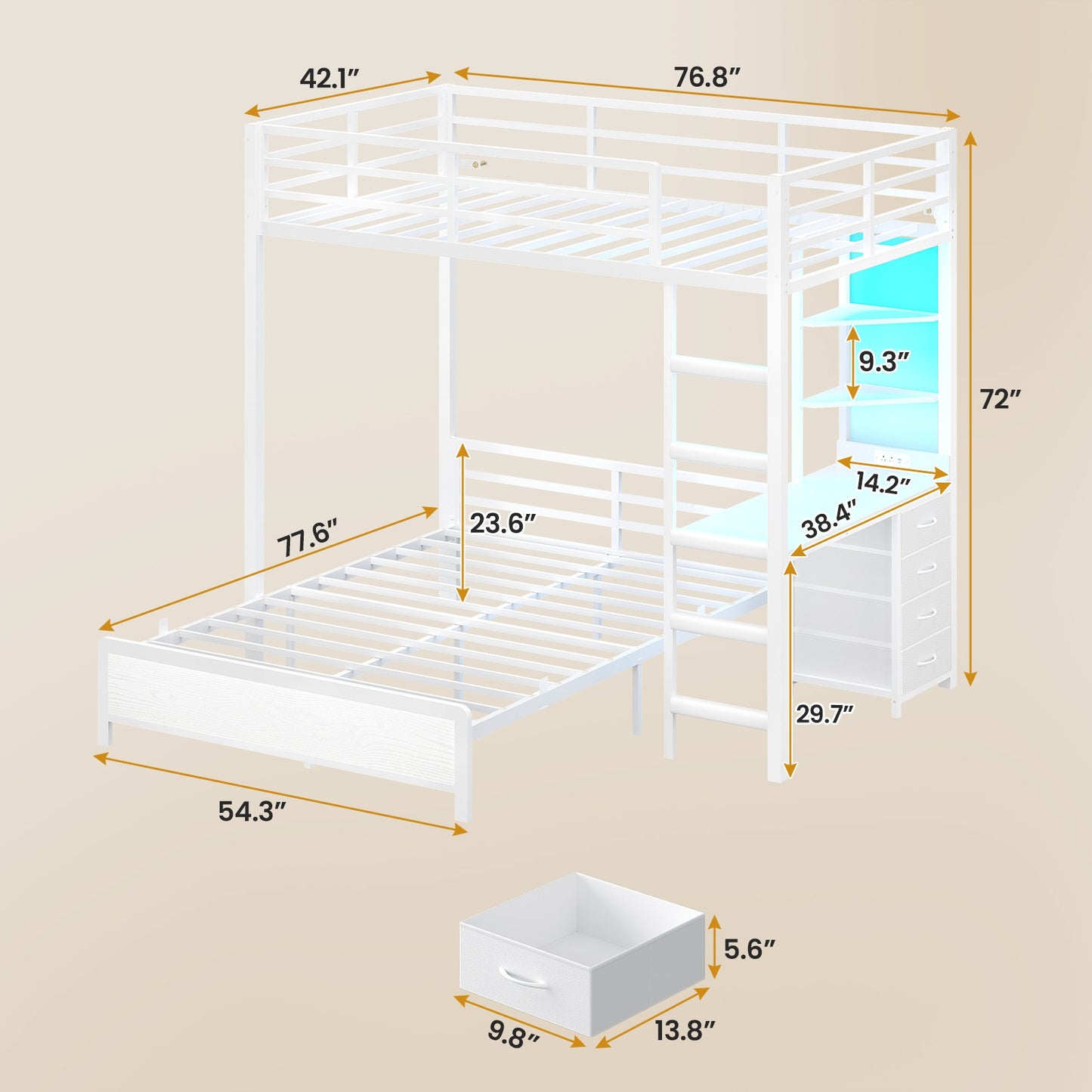 ADORNEVE Twin Over Full Bunk Bed with Desk and Charging Station LED Bunk Beds with Storage Drawers and Shelves Loft Bed with Safety Guardrail Ladder