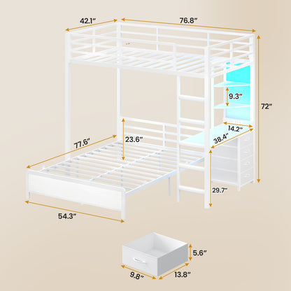 ADORNEVE Twin Over Full Bunk Bed with Desk and Charging Station LED Bunk Beds with Storage Drawers and Shelves Loft Bed with Safety Guardrail Ladder