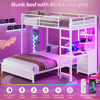 ADORNEVE Twin Over Full Bunk Bed with Desk and Charging Station LED Bunk Beds with Storage Drawers and Shelves Loft Bed with Safety Guardrail Ladder