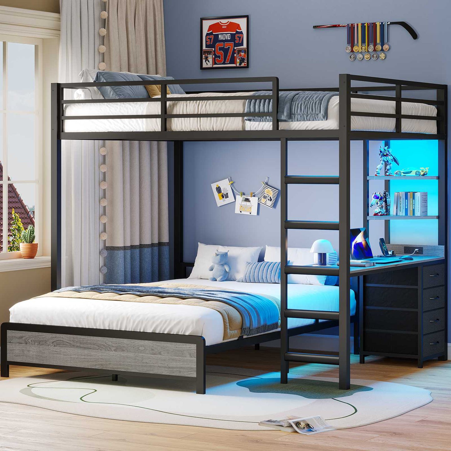 ADORNEVE Bunk Bed with Desk and Charging Station LED Full Over Full Bunk Beds with 4 Storage Drawers and 2 Open Storage Shelves Metal Loft Bed with Safety Guardrail Ladder
