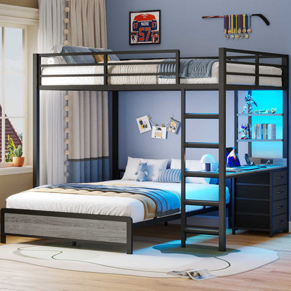 ADORNEVE Bunk Bed with Desk and Charging Station LED Full Over Full Bunk Beds with 4 Storage Drawers and 2 Open Storage Shelves Metal Loft Bed with Safety Guardrail Ladder