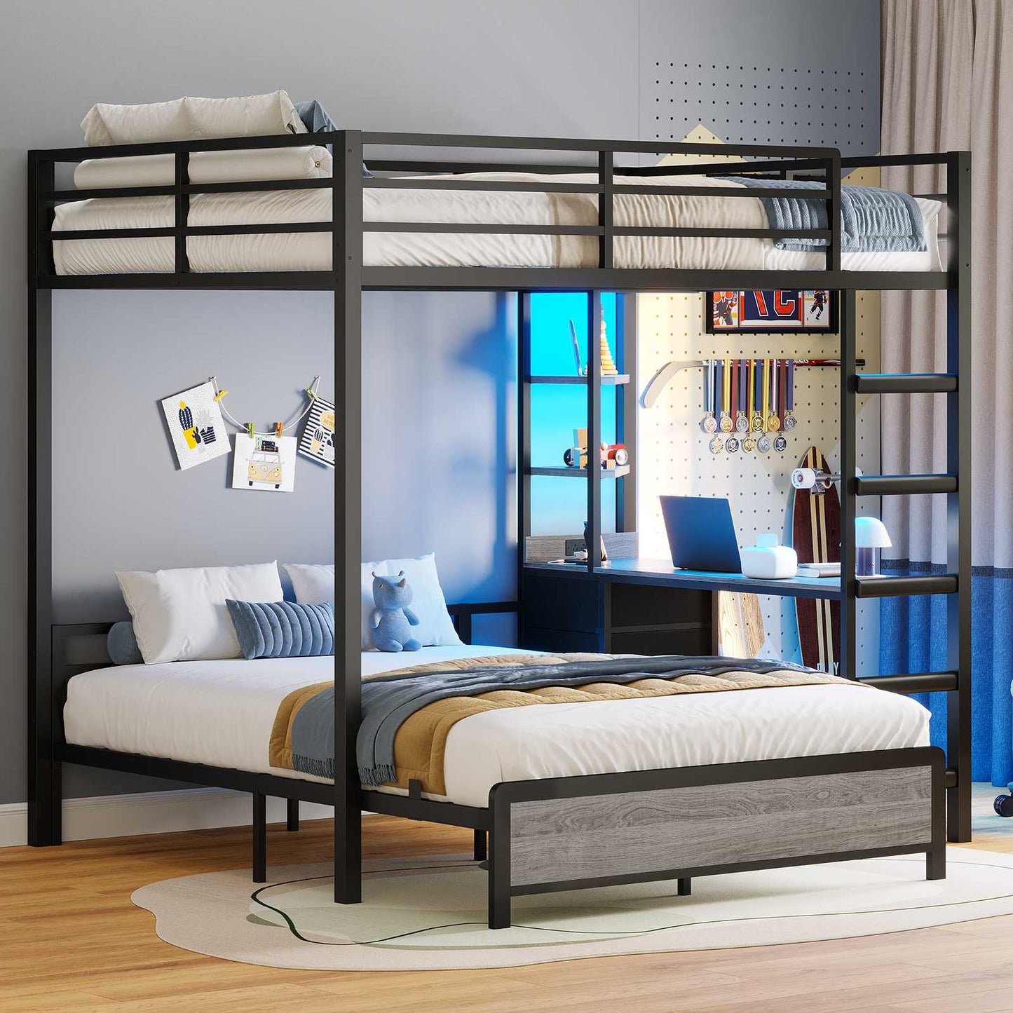 ADORNEVE Bunk Bed with Desk and Charging Station LED Full Over Full Bunk Beds with 4 Storage Drawers and 2 Open Storage Shelves Metal Loft Bed with Safety Guardrail Ladder