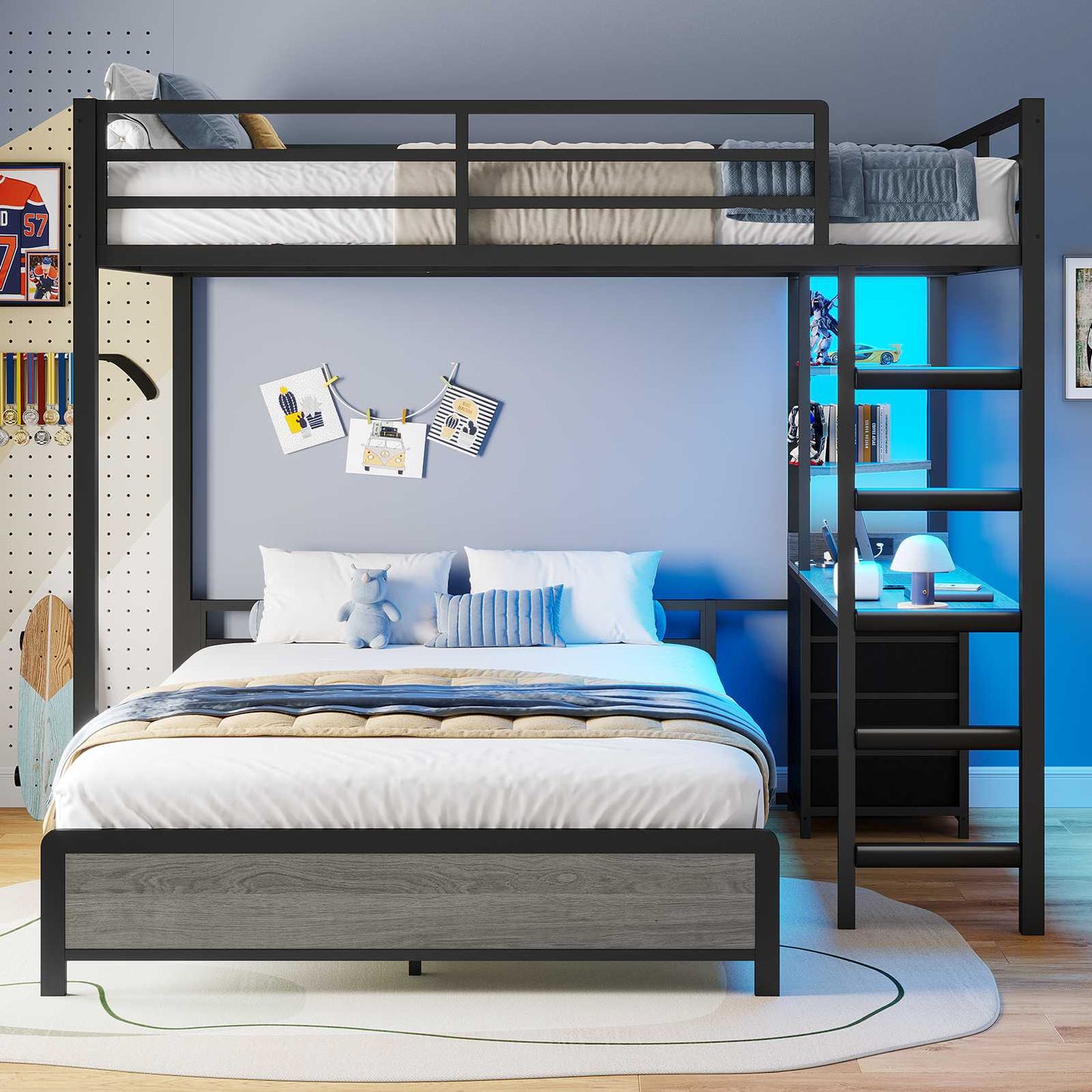 ADORNEVE Bunk Bed with Desk and Charging Station LED Full Over Full Bunk Beds with 4 Storage Drawers and 2 Open Storage Shelves Metal Loft Bed with Safety Guardrail Ladder