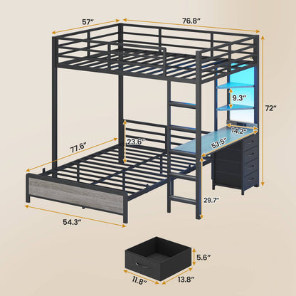 ADORNEVE Bunk Bed with Desk and Charging Station LED Full Over Full Bunk Beds with 4 Storage Drawers and 2 Open Storage Shelves Metal Loft Bed with Safety Guardrail Ladder