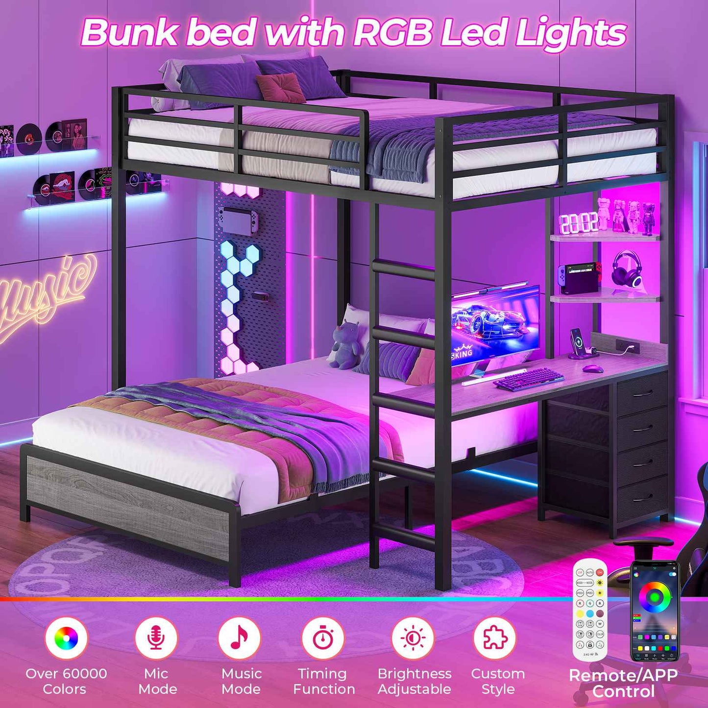 ADORNEVE Bunk Bed with Desk and Charging Station LED Full Over Full Bunk Beds with 4 Storage Drawers and 2 Open Storage Shelves Metal Loft Bed with Safety Guardrail Ladder