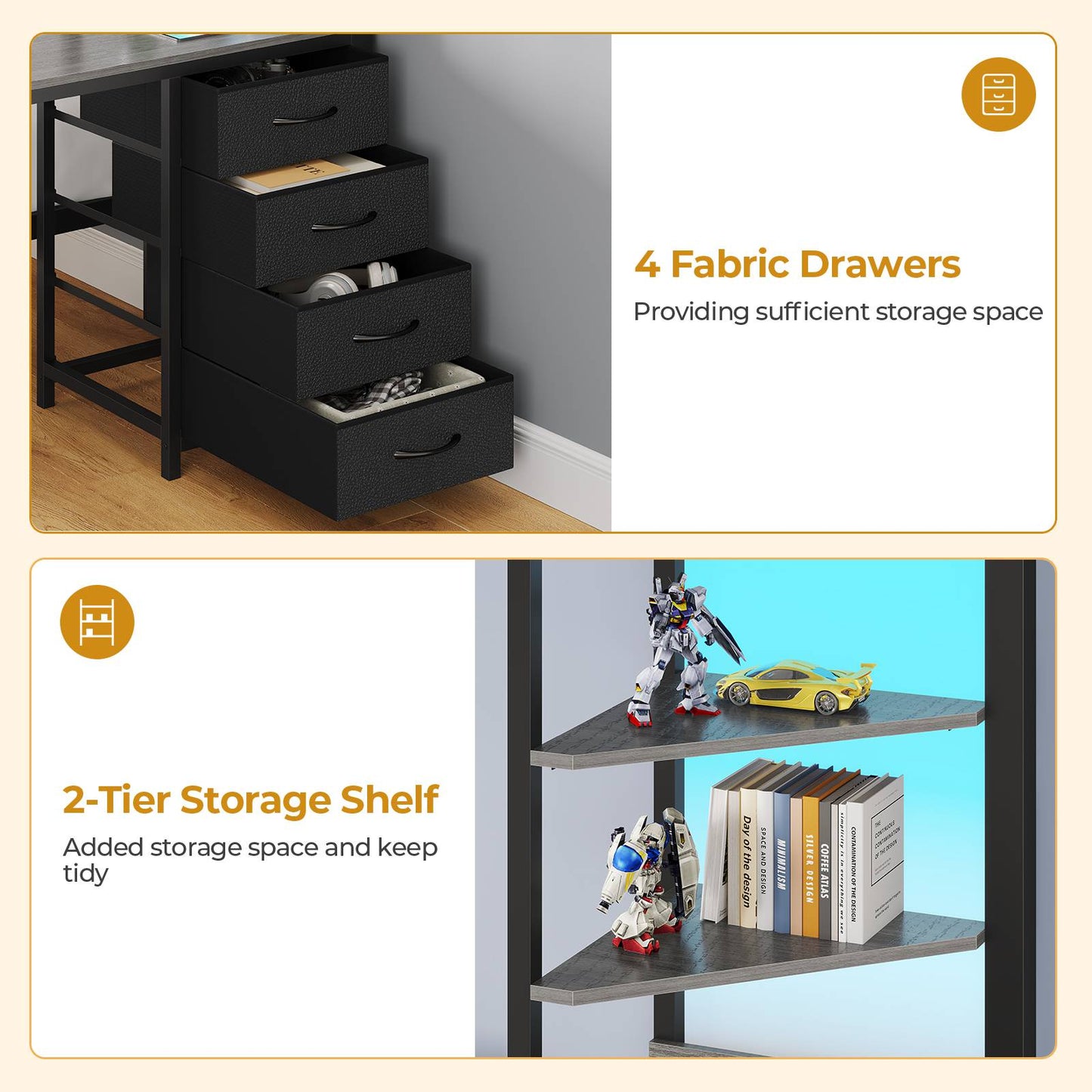 ADORNEVE Bunk Bed with Desk and Charging Station LED Full Over Full Bunk Beds with 4 Storage Drawers and 2 Open Storage Shelves Metal Loft Bed with Safety Guardrail Ladder