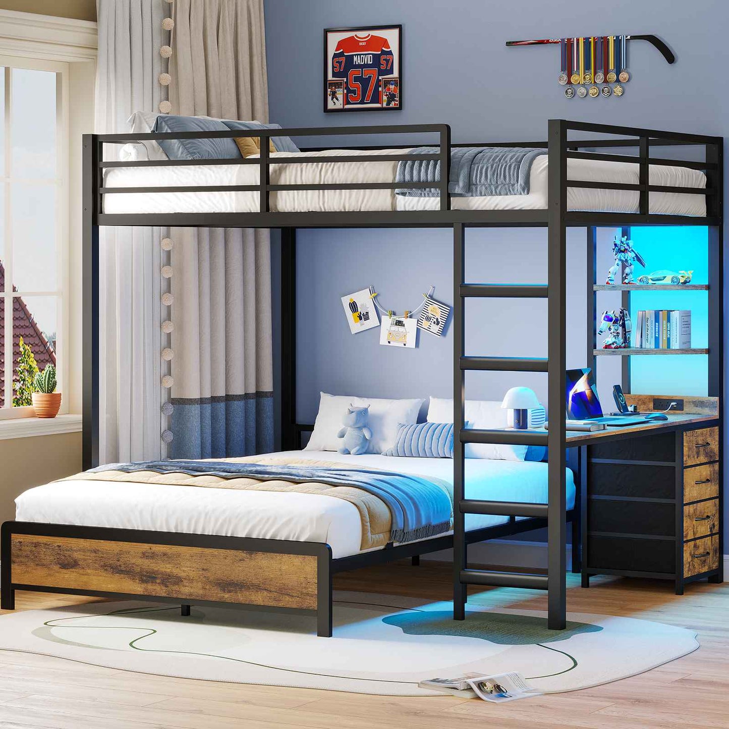 ADORNEVE Bunk Bed with Desk and Charging Station LED Full Over Full Bunk Beds with 4 Storage Drawers and 2 Open Storage Shelves Metal Loft Bed with Safety Guardrail Ladder