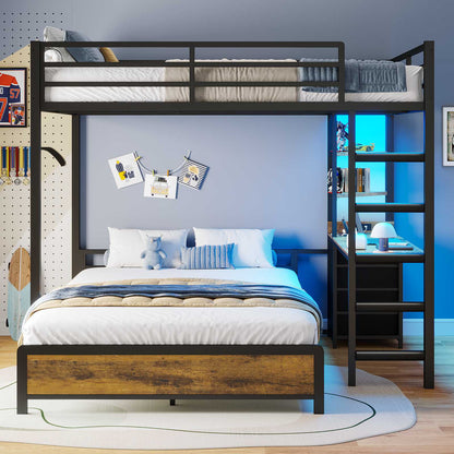 ADORNEVE Bunk Bed with Desk and Charging Station LED Full Over Full Bunk Beds with 4 Storage Drawers and 2 Open Storage Shelves Metal Loft Bed with Safety Guardrail Ladder