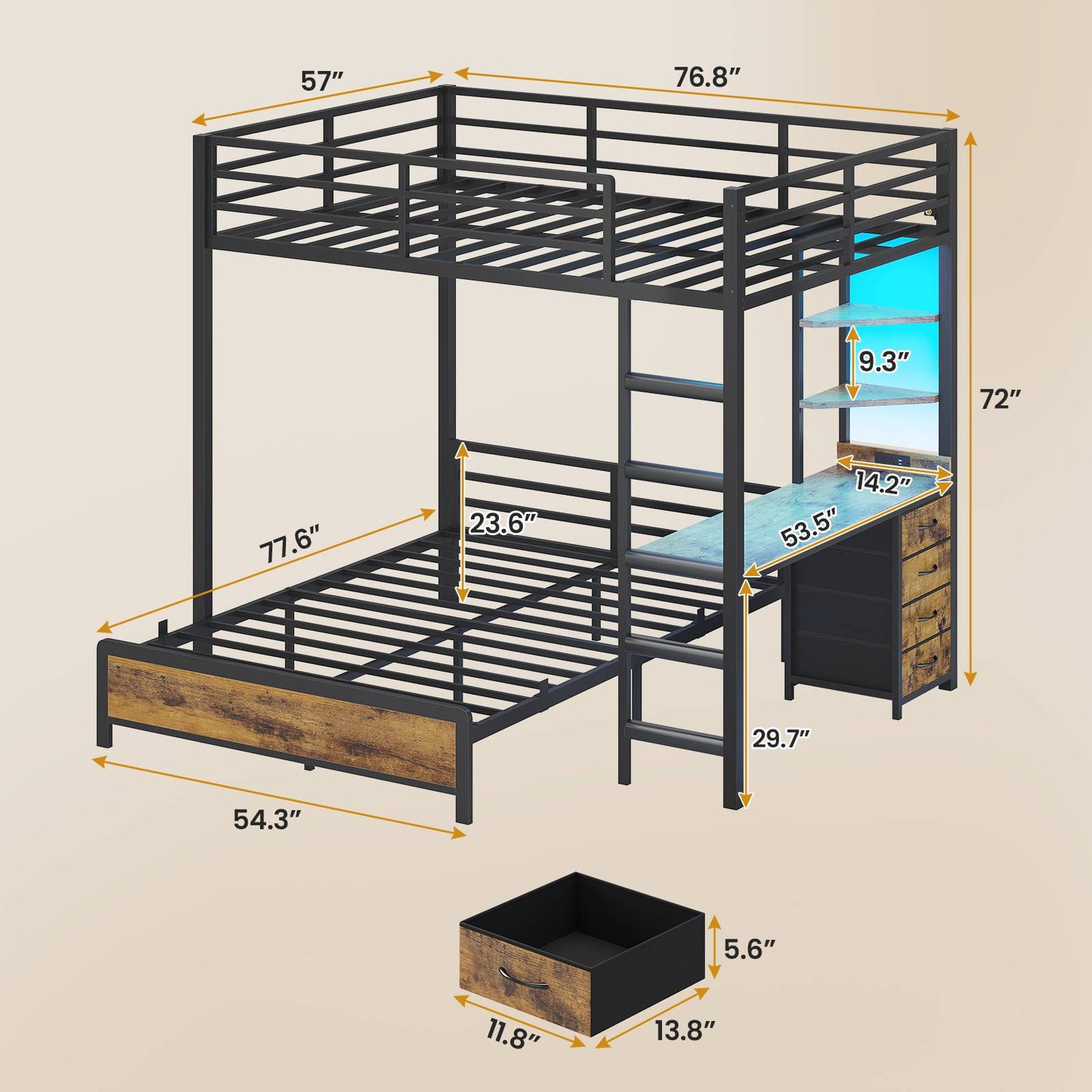 ADORNEVE Bunk Bed with Desk and Charging Station LED Full Over Full Bunk Beds with 4 Storage Drawers and 2 Open Storage Shelves Metal Loft Bed with Safety Guardrail Ladder