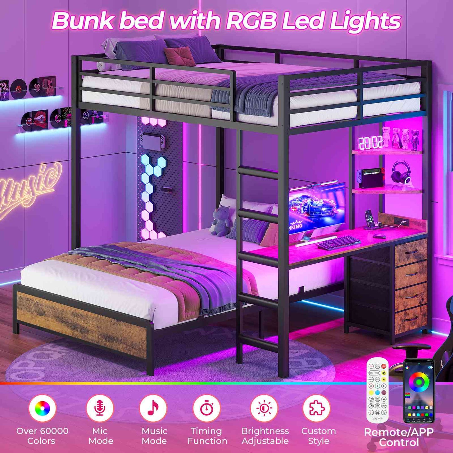 ADORNEVE Bunk Bed with Desk and Charging Station LED Full Over Full Bunk Beds with 4 Storage Drawers and 2 Open Storage Shelves Metal Loft Bed with Safety Guardrail Ladder