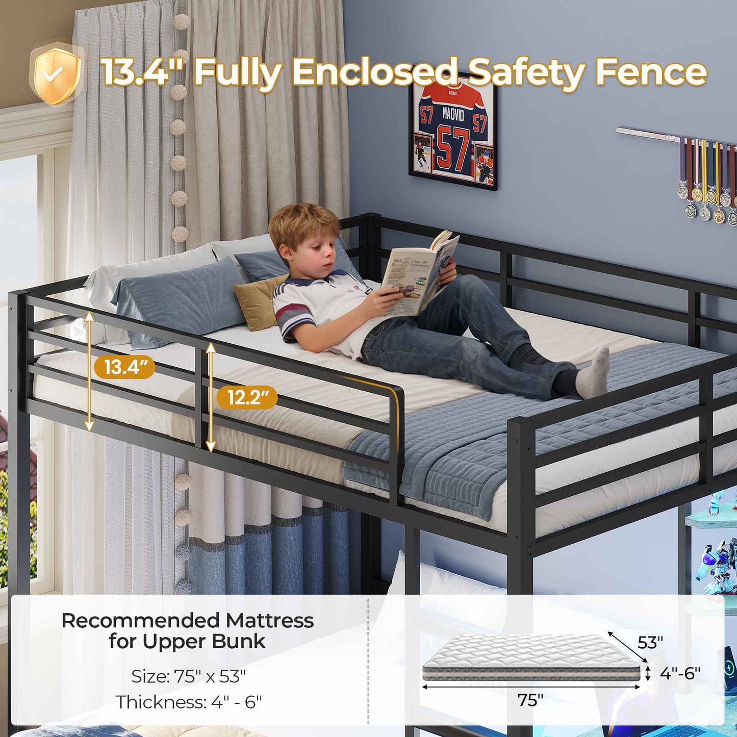 ADORNEVE Bunk Bed with Desk and Charging Station LED Full Over Full Bunk Beds with 4 Storage Drawers and 2 Open Storage Shelves Metal Loft Bed with Safety Guardrail Ladder