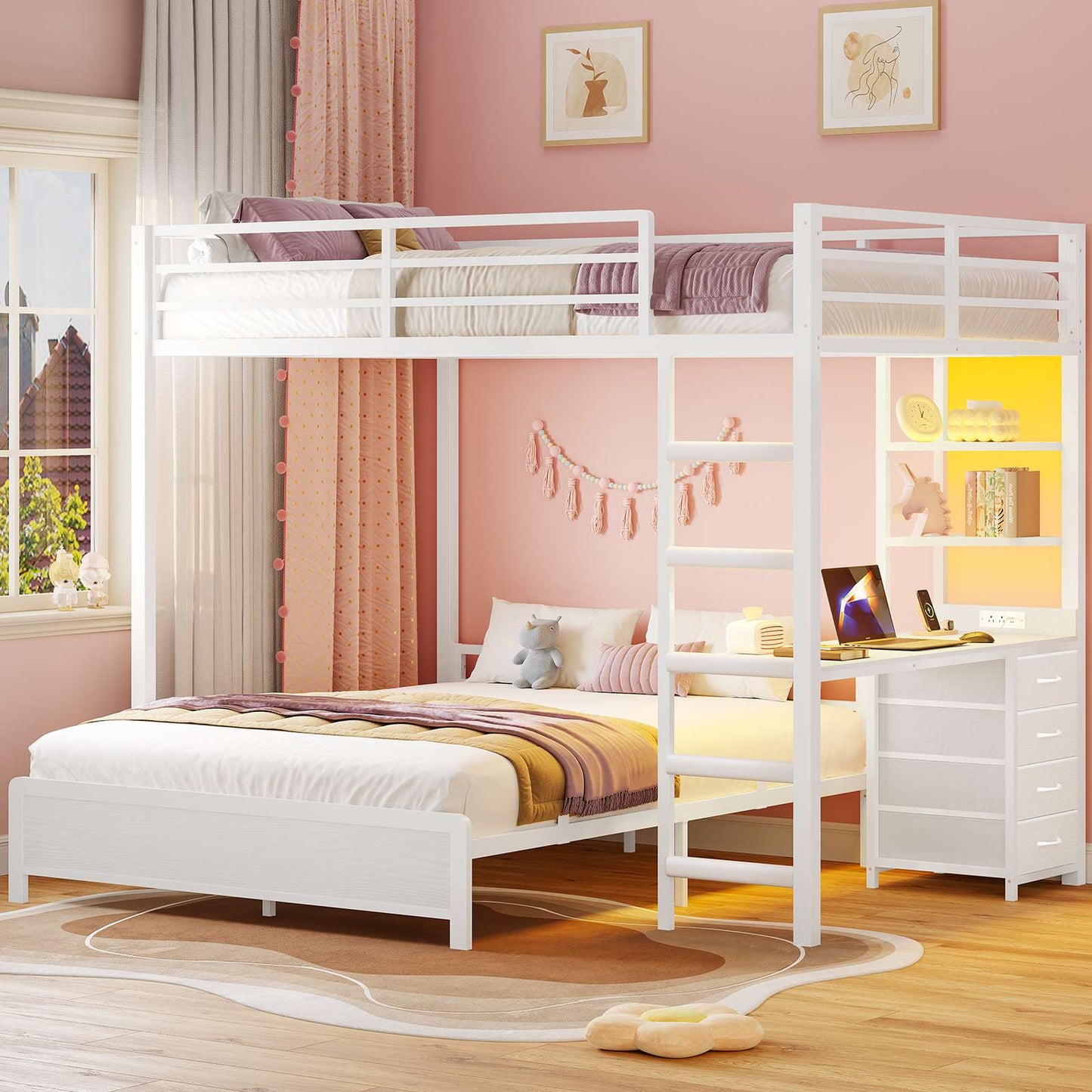 ADORNEVE Bunk Bed with Desk and Charging Station LED Full Over Full Bunk Beds with 4 Storage Drawers and 2 Open Storage Shelves Metal Loft Bed with Safety Guardrail Ladder