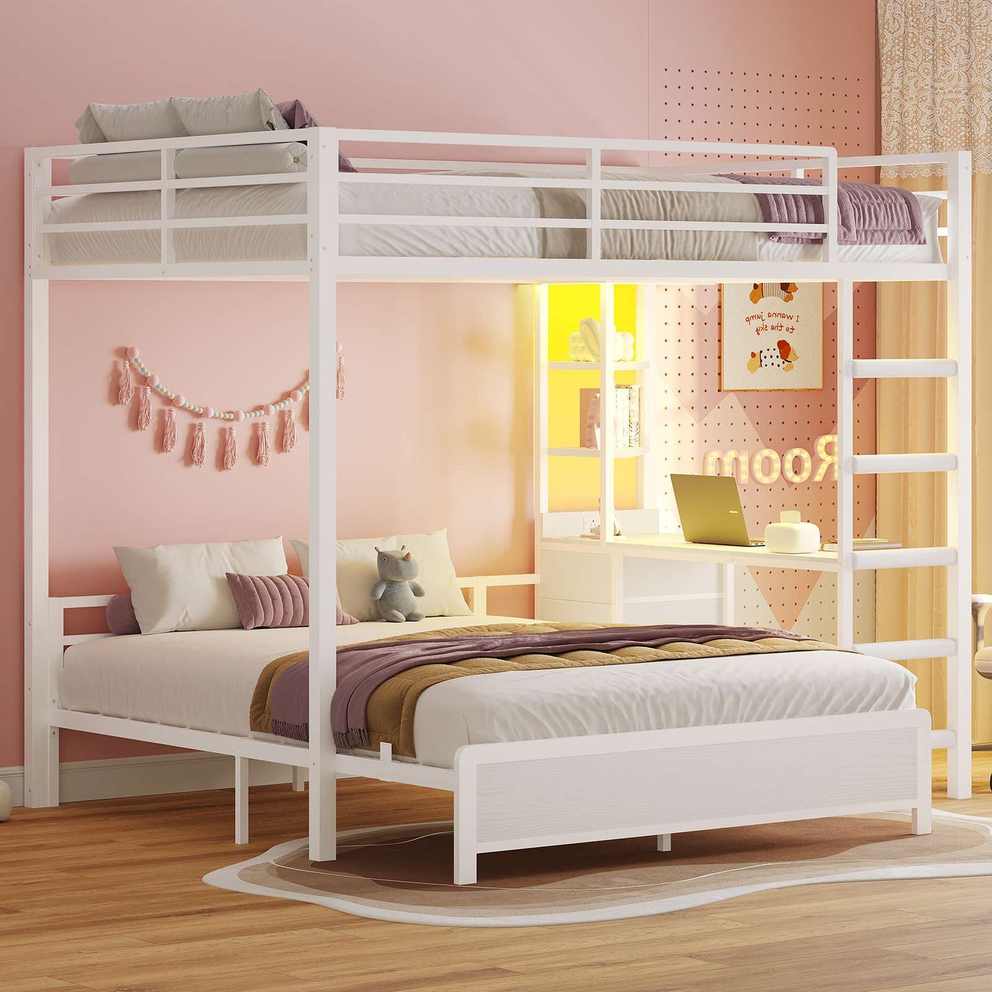 ADORNEVE Bunk Bed with Desk and Charging Station LED Full Over Full Bunk Beds with 4 Storage Drawers and 2 Open Storage Shelves Metal Loft Bed with Safety Guardrail Ladder