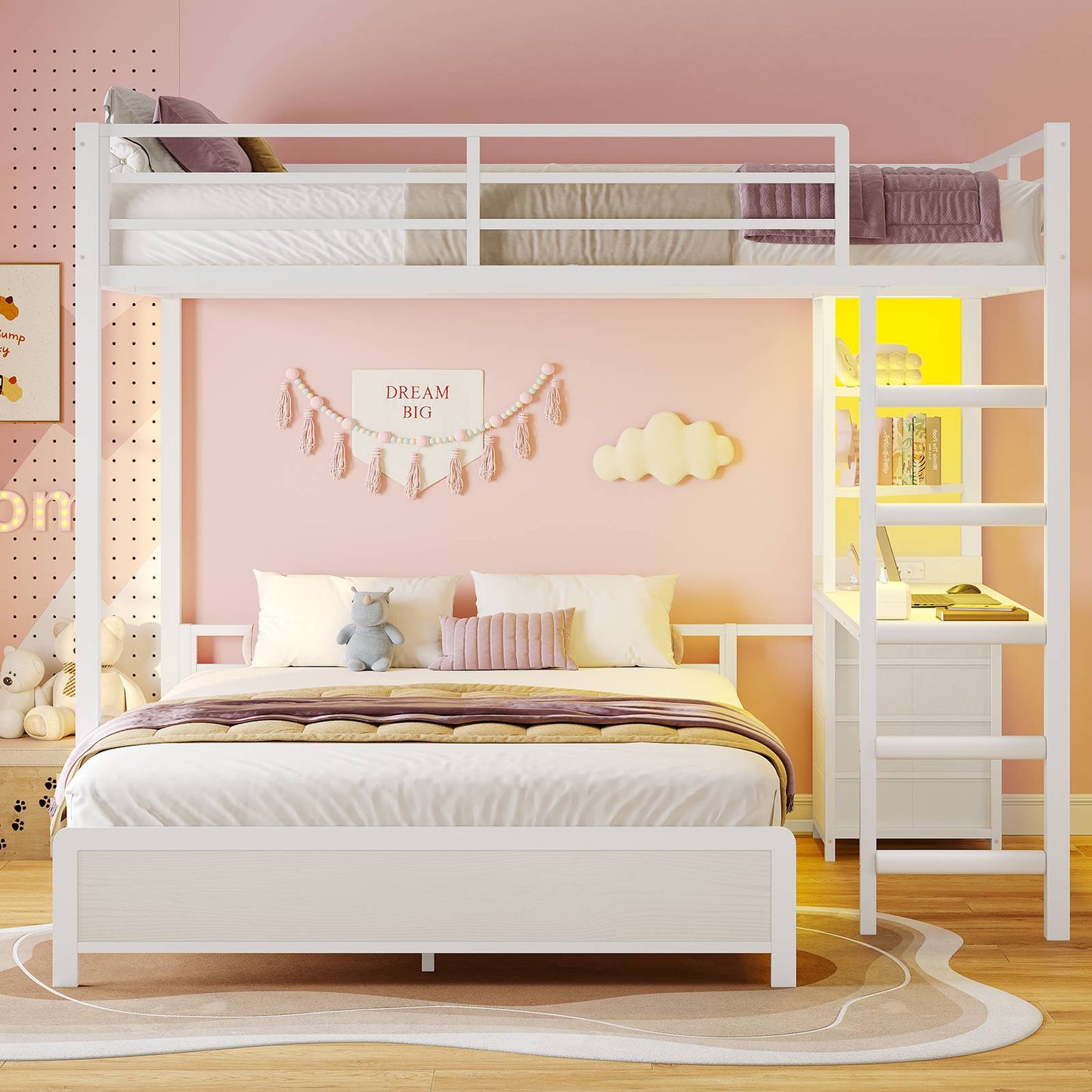 ADORNEVE Bunk Bed with Desk and Charging Station LED Full Over Full Bunk Beds with 4 Storage Drawers and 2 Open Storage Shelves Metal Loft Bed with Safety Guardrail Ladder