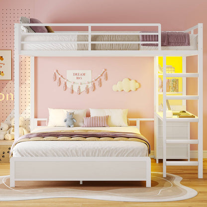 ADORNEVE Bunk Bed with Desk and Charging Station LED Full Over Full Bunk Beds with 4 Storage Drawers and 2 Open Storage Shelves Metal Loft Bed with Safety Guardrail Ladder