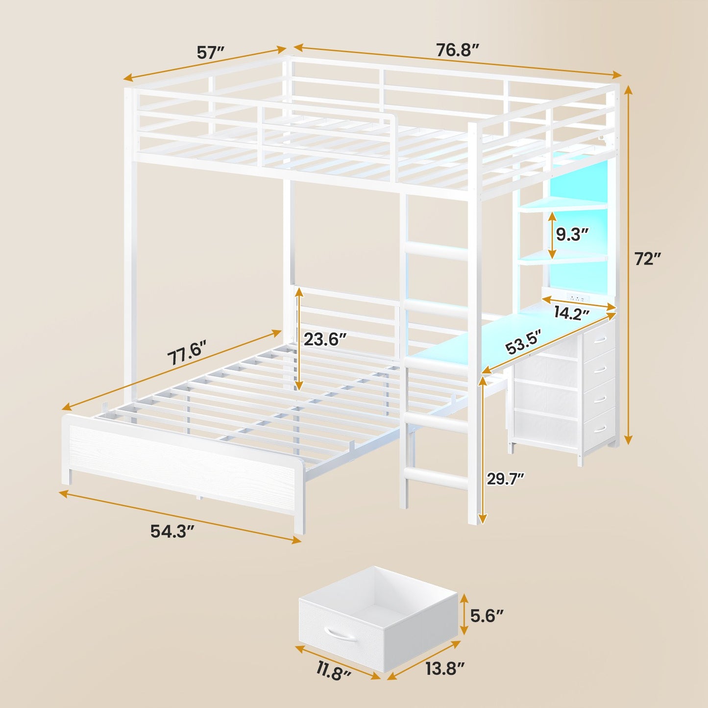 ADORNEVE Bunk Bed with Desk and Charging Station LED Full Over Full Bunk Beds with 4 Storage Drawers and 2 Open Storage Shelves Metal Loft Bed with Safety Guardrail Ladder