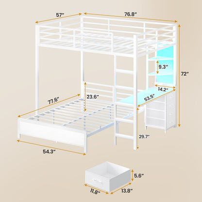 ADORNEVE Bunk Bed with Desk and Charging Station LED Full Over Full Bunk Beds with 4 Storage Drawers and 2 Open Storage Shelves Metal Loft Bed with Safety Guardrail Ladder