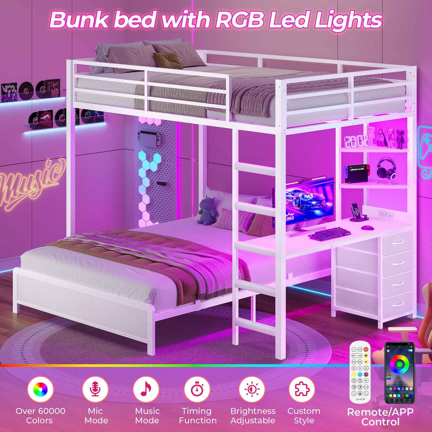 ADORNEVE Bunk Bed with Desk and Charging Station LED Full Over Full Bunk Beds with 4 Storage Drawers and 2 Open Storage Shelves Metal Loft Bed with Safety Guardrail Ladder