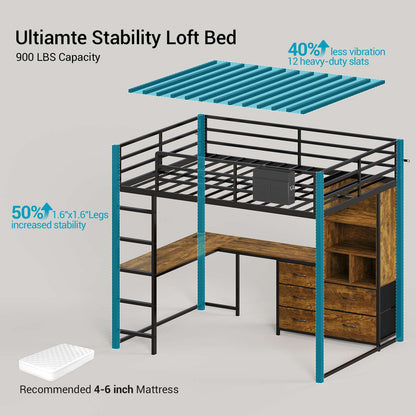ADORNEVE Loft Bed Full Size with L Desk and 5-Tier Bookshelf 5 Drawers LED Metal Loft Bed with Power Outlet and Guardrail Ladders