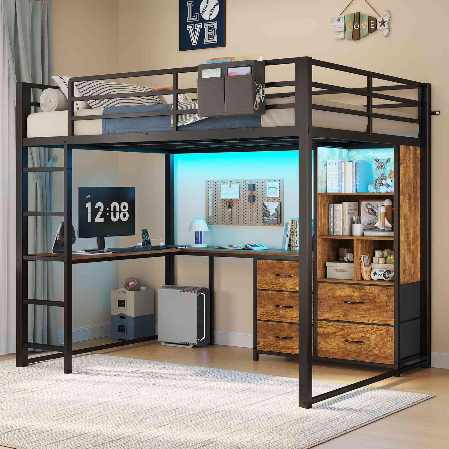 ADORNEVE Loft Bed Full Size with L Desk and 5-Tier Bookshelf 5 Drawers LED Metal Loft Bed with Power Outlet and Guardrail Ladders