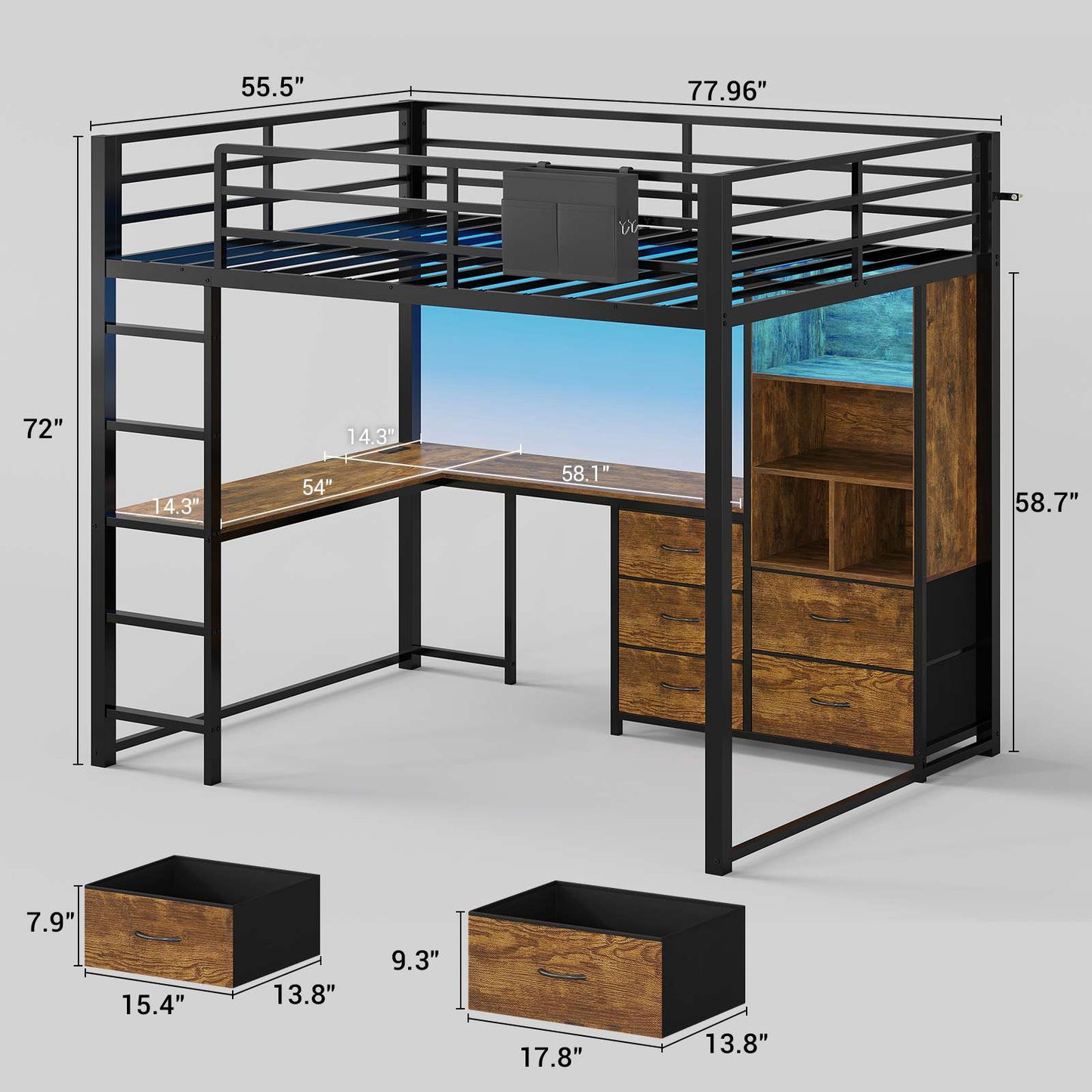 ADORNEVE Loft Bed Full Size with L Desk and 5-Tier Bookshelf 5 Drawers LED Metal Loft Bed with Power Outlet and Guardrail Ladders