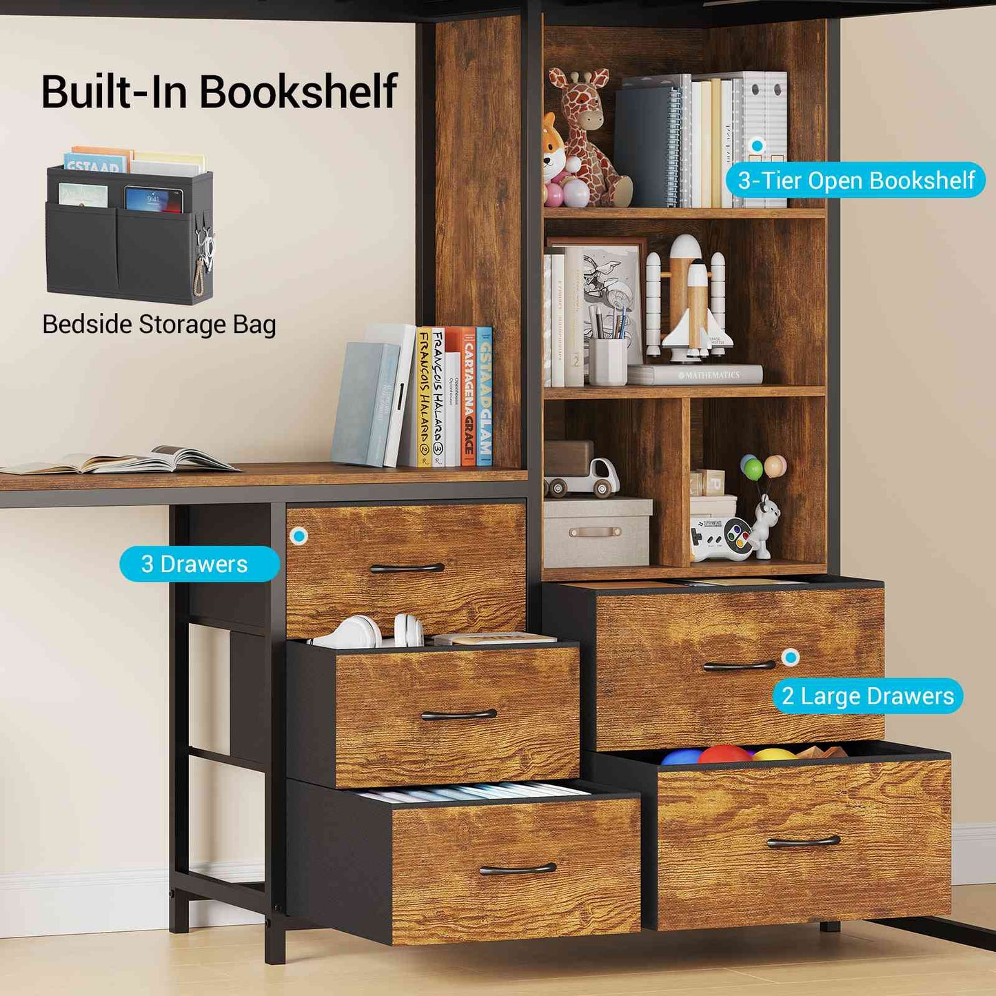 ADORNEVE Loft Bed Full Size with L Desk and 5-Tier Bookshelf 5 Drawers LED Metal Loft Bed with Power Outlet and Guardrail Ladders