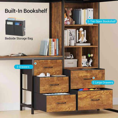 ADORNEVE Loft Bed Full Size with L Desk and 5-Tier Bookshelf 5 Drawers LED Metal Loft Bed with Power Outlet and Guardrail Ladders