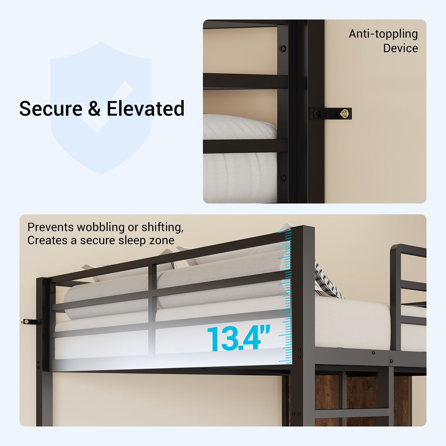 ADORNEVE Loft Bed Full Size with L Desk and 5-Tier Bookshelf 5 Drawers LED Metal Loft Bed with Power Outlet and Guardrail Ladders