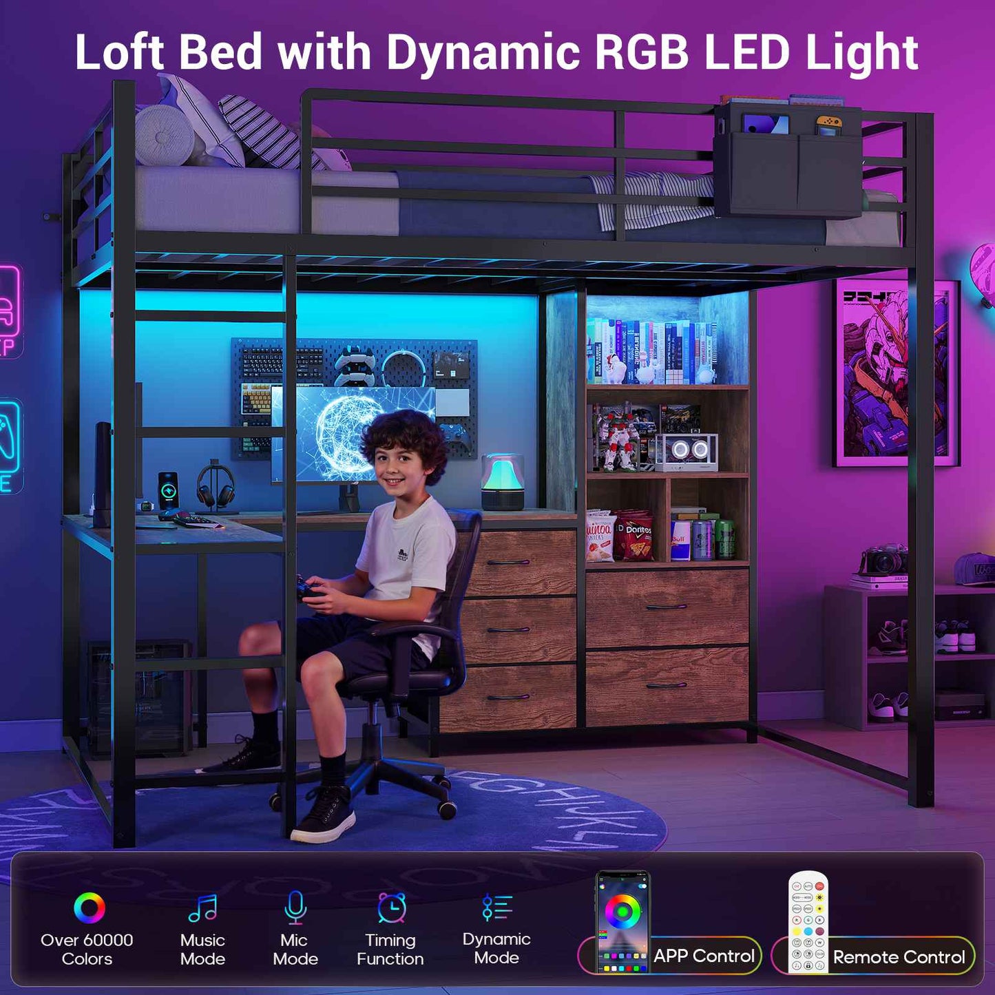 ADORNEVE Loft Bed Full Size with L Desk and 5-Tier Bookshelf 5 Drawers LED Metal Loft Bed with Power Outlet and Guardrail Ladders