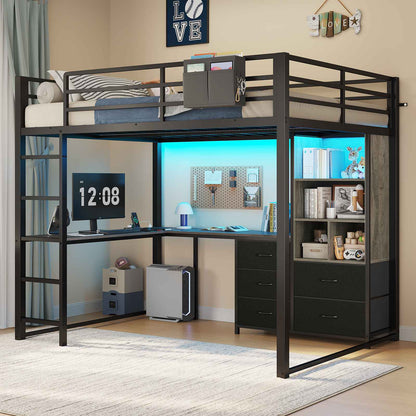 ADORNEVE Loft Bed Full Size with L Desk and 5-Tier Bookshelf 5 Drawers LED Metal Loft Bed with Power Outlet and Guardrail Ladders