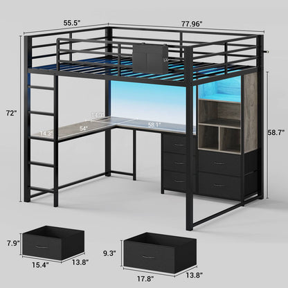 ADORNEVE Loft Bed Full Size with L Desk and 5-Tier Bookshelf 5 Drawers LED Metal Loft Bed with Power Outlet and Guardrail Ladders