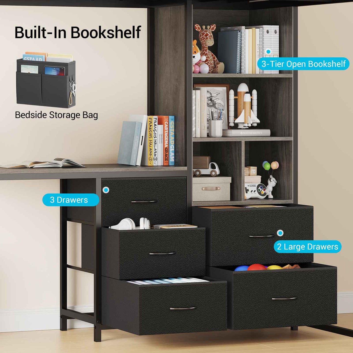 ADORNEVE Loft Bed Full Size with L Desk and 5-Tier Bookshelf 5 Drawers LED Metal Loft Bed with Power Outlet and Guardrail Ladders
