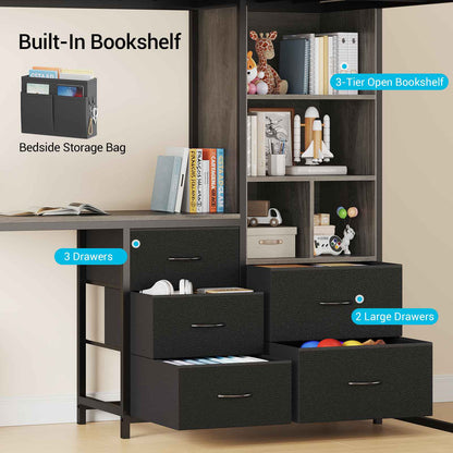 ADORNEVE Loft Bed Full Size with L Desk and 5-Tier Bookshelf 5 Drawers LED Metal Loft Bed with Power Outlet and Guardrail Ladders