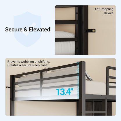 ADORNEVE Loft Bed Full Size with L Desk and 5-Tier Bookshelf 5 Drawers LED Metal Loft Bed with Power Outlet and Guardrail Ladders
