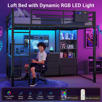 ADORNEVE Loft Bed Full Size with L Desk and 5-Tier Bookshelf 5 Drawers LED Metal Loft Bed with Power Outlet and Guardrail Ladders