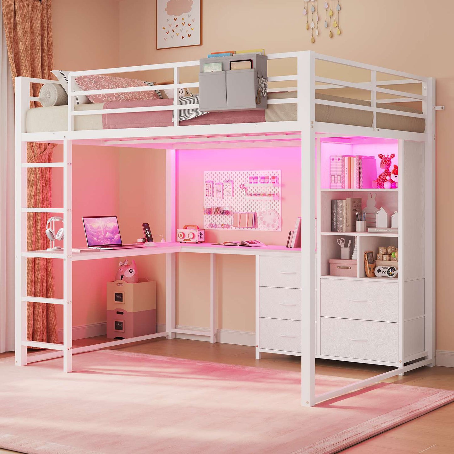 ADORNEVE Loft Bed Full Size with L Desk and 5-Tier Bookshelf 5 Drawers LED Metal Loft Bed with Power Outlet and Guardrail Ladders