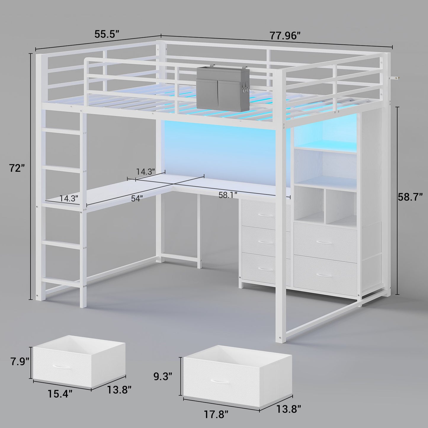 ADORNEVE Loft Bed Full Size with L Desk and 5-Tier Bookshelf 5 Drawers LED Metal Loft Bed with Power Outlet and Guardrail Ladders